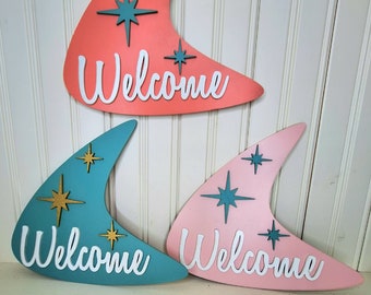 Letrero de bienvenida, Boomerang, diseño de MCM hecho a mano de mediados de siglo para arte mural