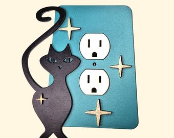 Placa de pared con tapa de enchufe de gato atómico de mediados de siglo, estilo retro, decoración de pared MCM