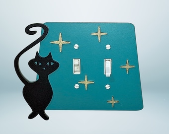 Interruptor de luz de gato atómico vintage de mediados de siglo, placa de pared doble, cubierta de interruptor retro, decoración de pared MCM