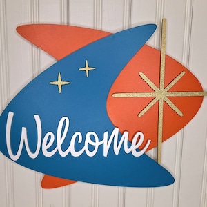 Mid-Century Modern Welcome Sign Atomic Boomerang Mid Century Handcrafted Retro MCM Gold Starburst Design for Wall Art