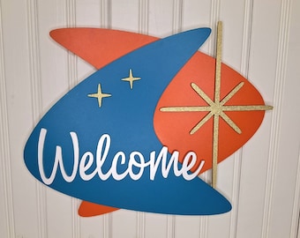 Mid-Century Modern Welcome Sign Atomic Boomerang Mid Century Handcrafted Retro MCM Gold Starburst Design for Wall Art