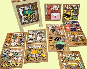 Azulejos mensuales intercambiables de 4,25 pulgadas Decoración para el hogar Mini letreros Elija un azulejo o los 12 azulejos del calendario Gran regalo de inauguración de la casa o de cumpleaños