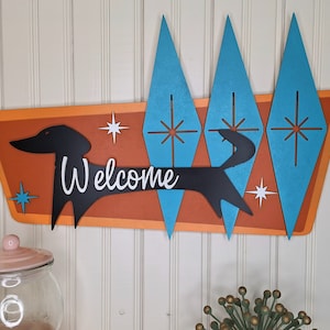 Welcome Sign, Atomic Dog Starburst Mid Century Handcrafted MCM Dachshund design for Wall Art