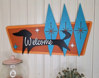 Welcome Sign, Atomic Dog Starburst Mid Century Handcrafted MCM Dachshund design for Wall Art