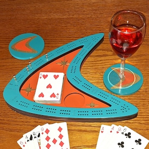 Beautifully Handcrafted Mid-Century Modern Cribbage Board Unique Boomerang Retro Style Perfect for any MCM Decor Matching Coasters Available