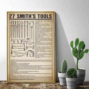 May include: A framed print featuring a detailed illustration of 27 blacksmith tools, with each tool labeled. The print has a vintage aesthetic with a tan background and black text. The tools are arranged in rows, showcasing various shapes and functions.