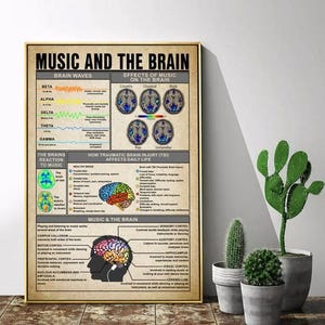 May include: A framed poster titled "Music and the Brain" with detailed diagrams of brain waves, the effects of music, and brain reactions. The poster includes colorful illustrations and text, with a cactus and other potted plants in the background.