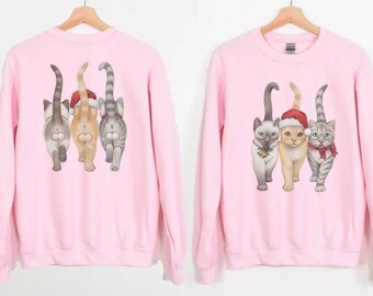 Three Cats In Santa Hats Funny Sweatshirt And Hoodie, Printed on both sides, For Men Women