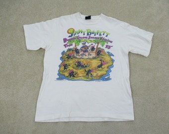 VINTAGE Jimmy Buffett Shirt Adult   White Domino College Concert Mens Printed in USA reprint