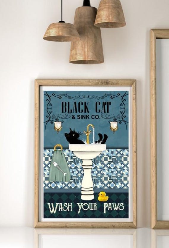 Siamese Cat & Co. - Targa in metallo vintage con scritta Wash Your Paws, divertente e adorabile gattino, stampa artistica per bagno, bagno
