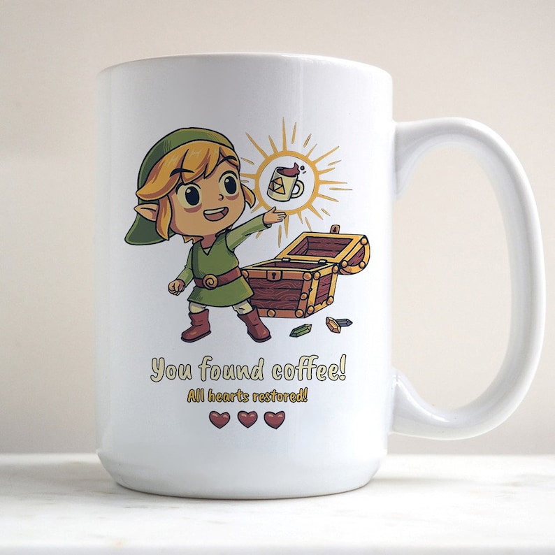 Zelda Mug, You Found Coffee All Hearts Restored Mug Zelda Fan Mug, Game Lover Fan Mug, Gamer Mug White 15oz
