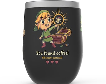 Zelda You Found Coffee All Hearts Restored Stemless Wine Tumblers, Zelda Tumbler, Gamer Tumbler, 12oz Stemless Wine Tumblers