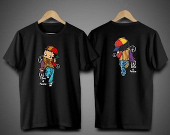 Betty Boop Love and Peace  Cartoon Unisex T Shirt, Printed On Two Sides, Men And Women, Youth And Toddler Shirt, Reprinted