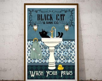 Black Cat Sink Co Wash Your Paws,Blue And White Poster, Canvas, Wall Art Home Decor, Best Gift For The Bathroom, Poster No Frame