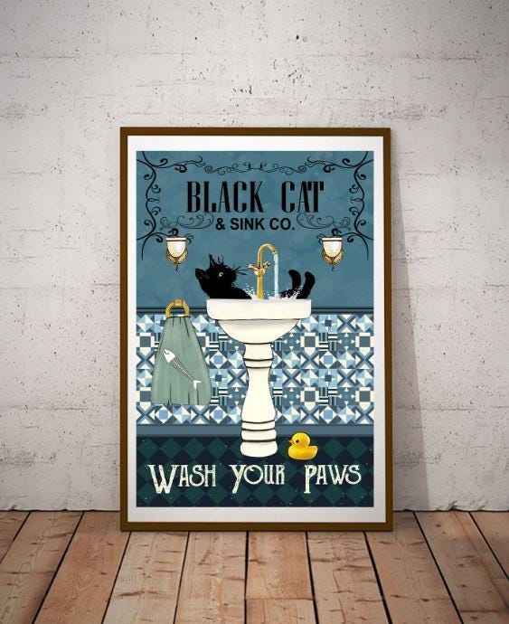 Targa In Metallo Vintage 'Wash Your Paws' – Gatto Russian Blue, 20x30 Cm, Decorazione Da Parete Per Bagno