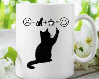Funny Cat Mug,  Cat and Coffee Makes Me Happy Mug , Black Cat Coffee Cup, Cat Lover Gift,