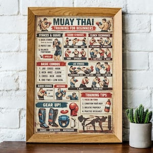 May include: A framed poster detailing Muay Thai training for beginners. The poster, in a wooden frame, illustrates stances, strikes, and training tips. Text includes "Muay Thai" and "Gear Up!" with images of gloves, shin guards, and a mouthguard.