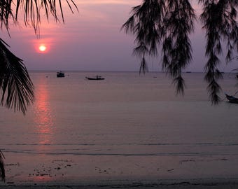 Purple Thai Sunset Beach Photo, Tropical Wall Art, Serene Coastal Print, Palm Tree Silhouette Printable Koh Tao (Digital Download)