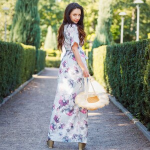 Floor Lenght Dress, Flower Dress Women, Dress with Slit and  Short sleeve