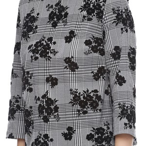 Vintage woman blouse with embroidered black flowers, plaid jumper, round neck