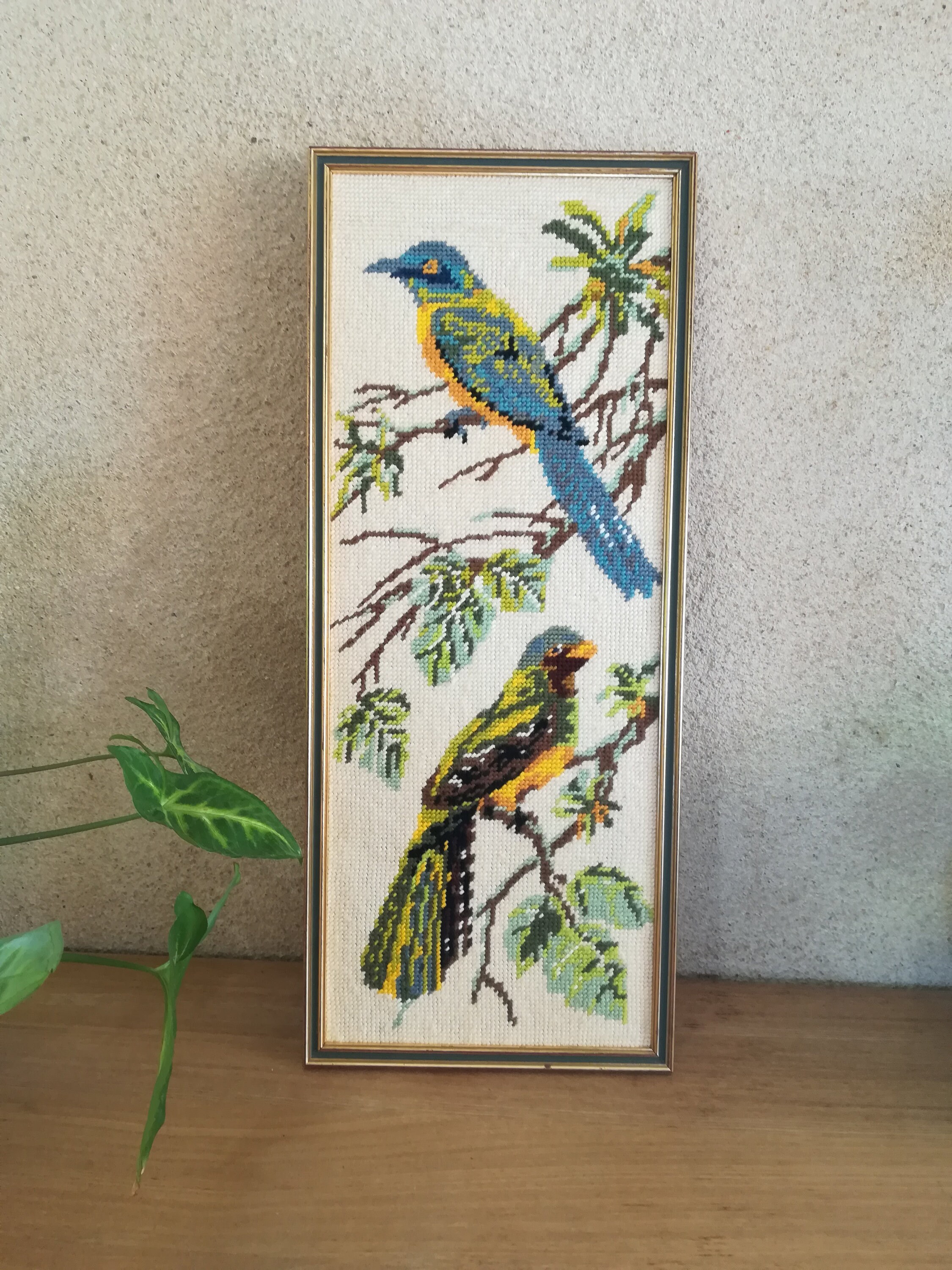 Birds Caneva, Tableau en Canevas d'oiseaux, Art Populaire, 1980