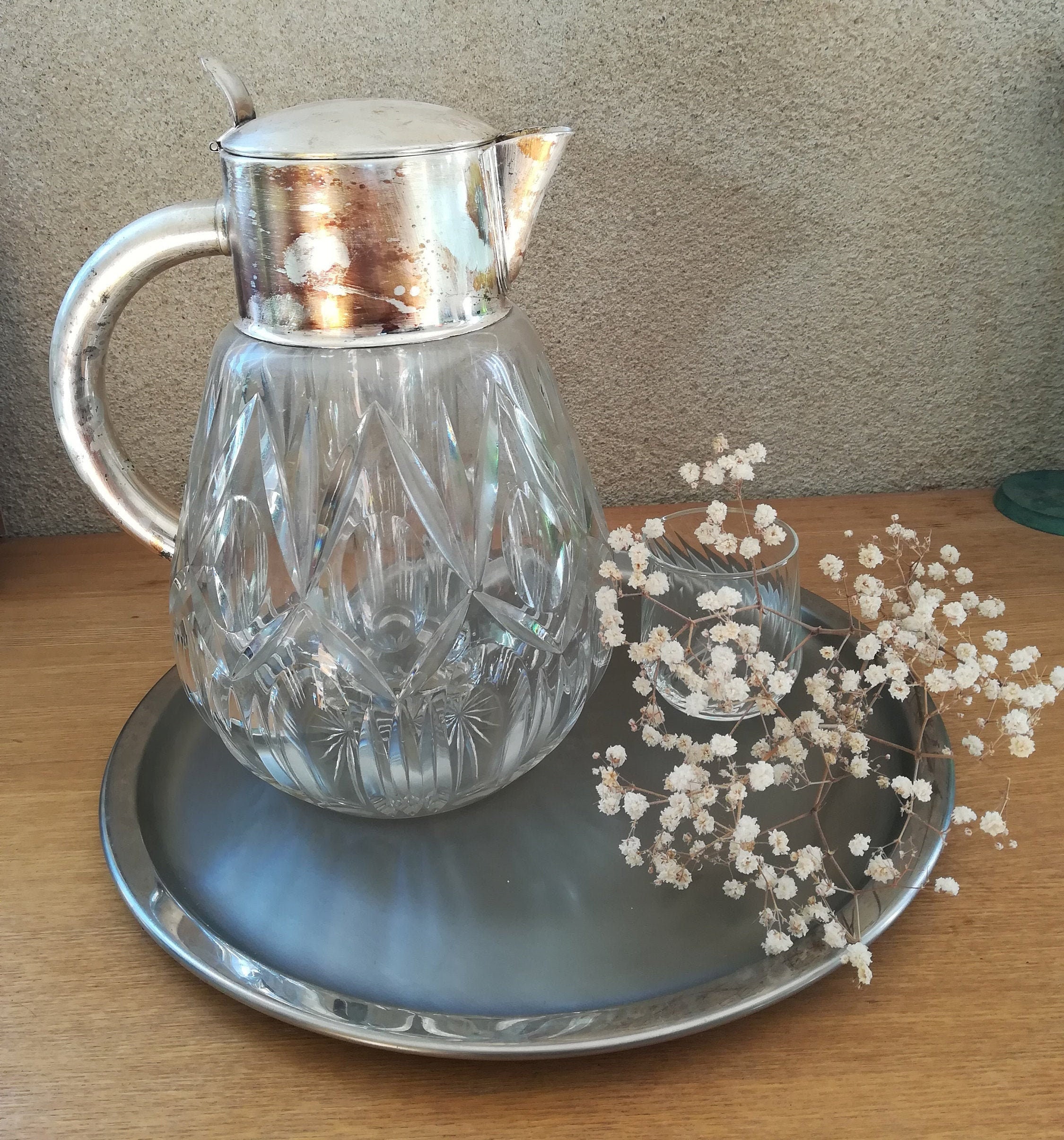 Cisele Glass Pitcher, Pichet en Verre Diamant Année 50