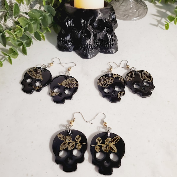 Skull Earrings, Black/Gold/Leaf/Botanical, Goth/Occult/Witch/Fall/Halloween Earring, Bride/Bridesmaid Proposal/Gift by TwistedEverAfter