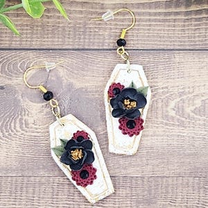 Gothic Floral Coffin Earrings - Handmade Polymer Clay Dangles - Alt Dark Romance Bridesmaid Gift - Spooky Chic Jewelry by TwistedEverAfter