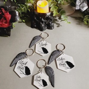 Goth Bridesmaid Raven Keychain, White/Black, White/Black, Goth Occult Witch Halloween Bride/Bridesmaid Proposal/Gift by TwistedEverAfter