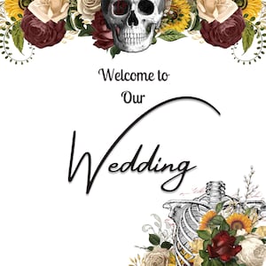 Gothic Skull Sunflower Roses Wedding Sign Bundle, Yellow Red Black, Printable, Gothic Halloween Occult Wedding Reception by TwistedEverAfter