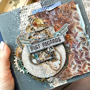 Mini scrapbook album for men, wonderful housewarming gift. Premade photo album, World traveler handmade, cyberpunk decor. Premade photo album made by me entirely by hand. Travel Junk journal handmade for host gifts. Perfect as housewarming gifts.