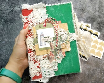 Christmas junk journal handmade, December daily journal, Winter junk journal, Unique Rustic hardcover snow forest botanical craft journal