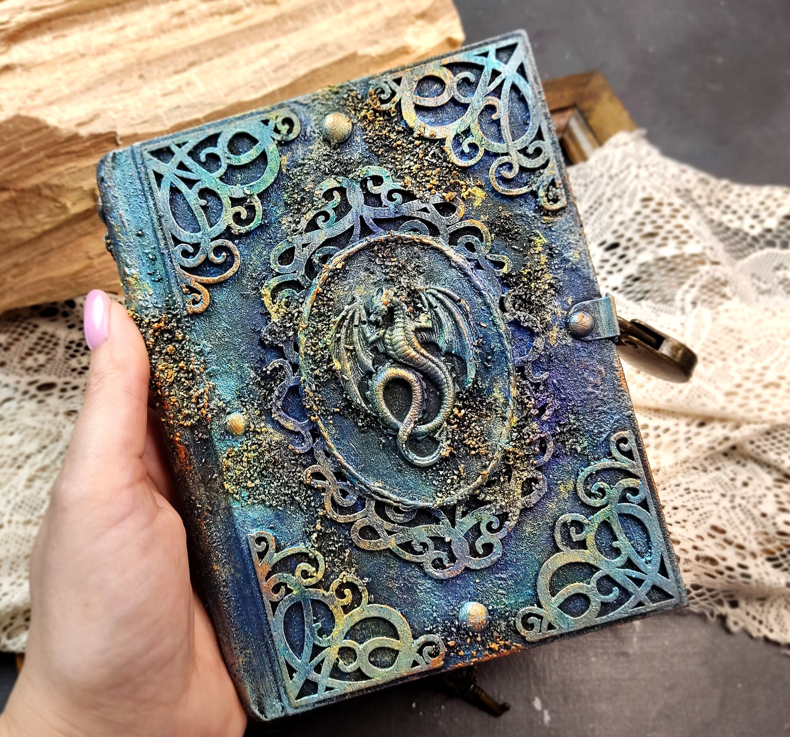 Grimoire Journal With Dragon Lock and Key Witchy Junk Journal Etsy
