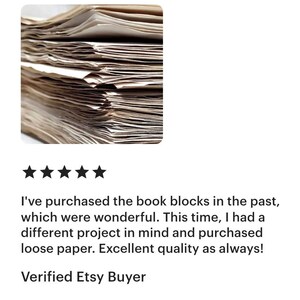 Etsy review for handmade aged paper sheets by BrightWonderShop. The customer praises the excellent quality of the loose tea-stained paper for craft projects. The image shows a thick stack of rustic, vintage-style paper.