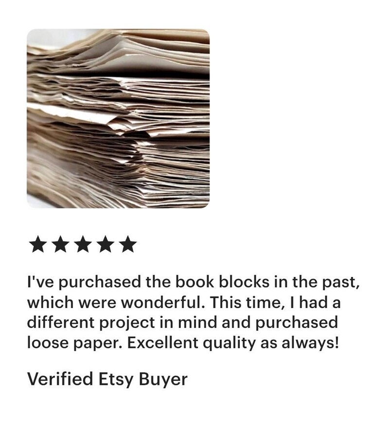 Etsy review for handmade aged paper sheets by BrightWonderShop. The customer praises the excellent quality of the loose tea-stained paper for craft projects. The image shows a thick stack of rustic, vintage-style paper.