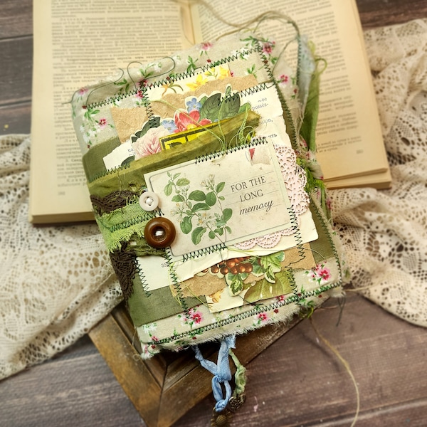 Botanical floral herb journal, Junk journal handmade book Kit 6x4, unique wedding album, travel journal spellbook, green witch book.