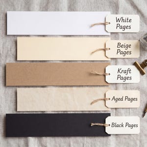 Five horizontal paper strips showcase available colors: white, beige, kraft, tea-dyed, and black. Great journaling supplies for a refillable journal and your favorite paper republic.