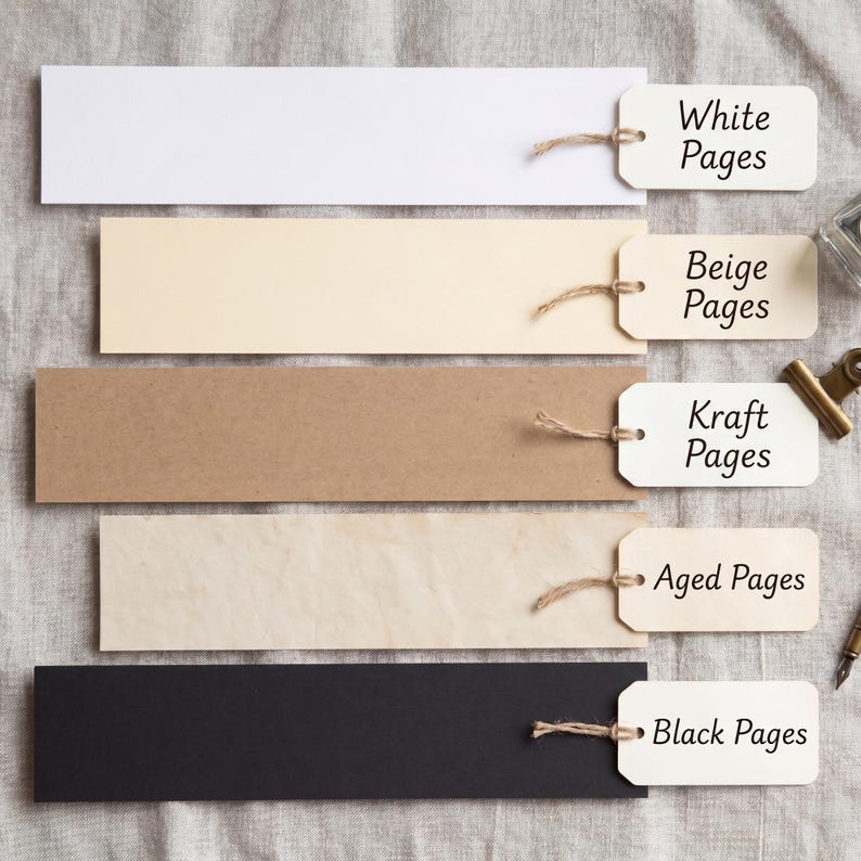 Five horizontal paper strips showcase available colors: white, beige, kraft, tea-dyed, and black. Great journaling supplies for a refillable journal and your favorite paper republic.