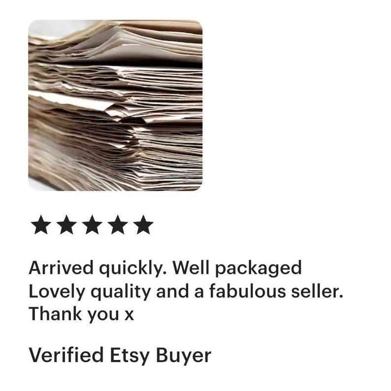 5-star Etsy review for BrightWonderShop. The verified buyer praises the fast shipping, secure packaging, and lovely quality of the handmade paper products.