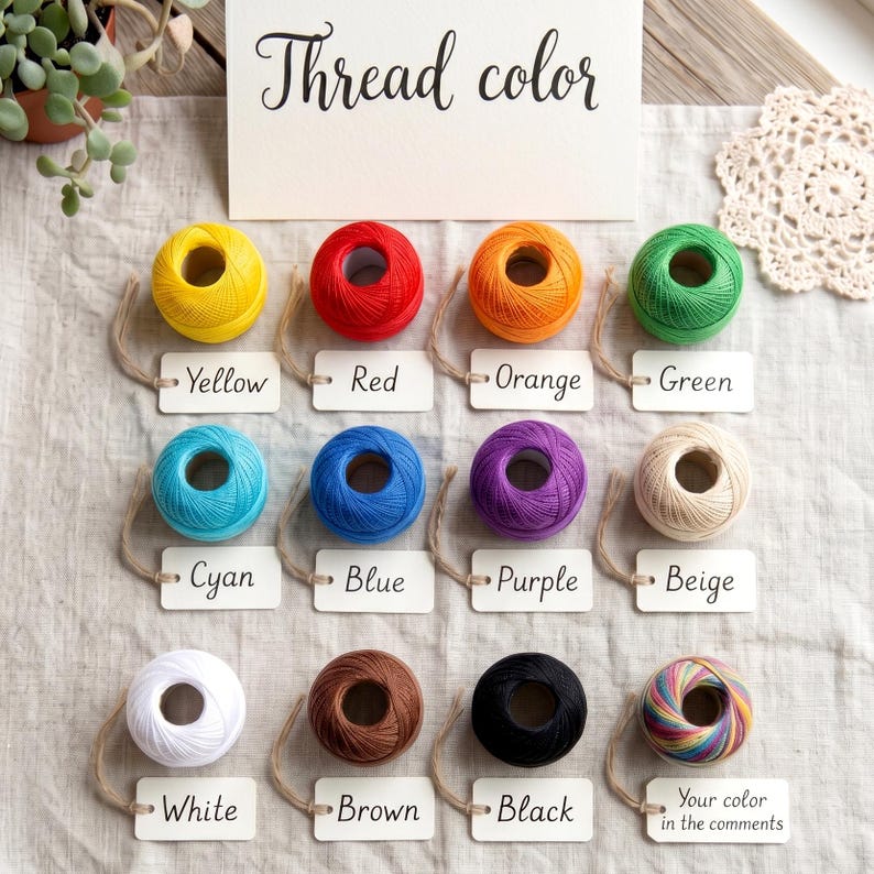 Assortment of thread colors for personalized sewing journal. The colors include yellow, red, orange, green, blue, blue, purple, beige, white, brown, black and your color in the comments.