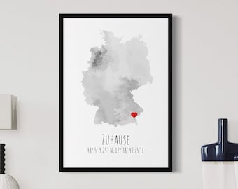 Deutschland mit Herz Rot - Personalisiertes Poster  -  Weltkarte Koordinaten Zuhause Geschenk Umzug Einweihungsgeschenk Wohnung