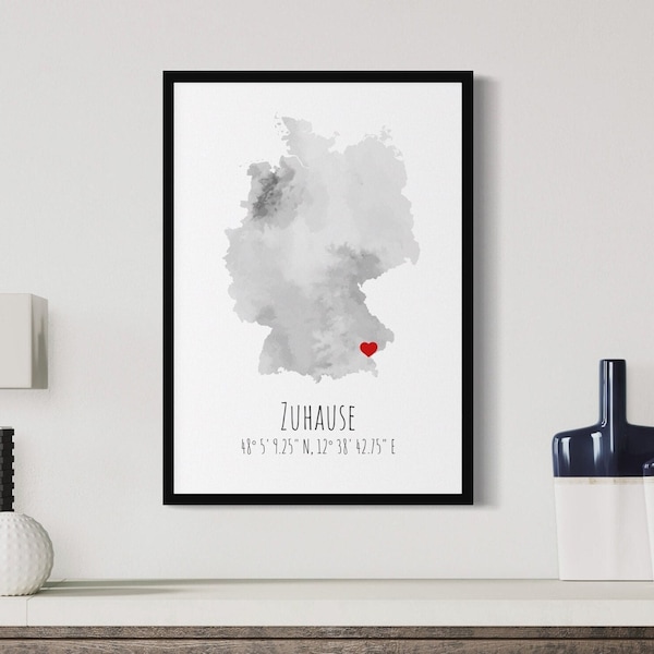 Deutschland mit Herz Rot - Personalisiertes Poster  -  Weltkarte Koordinaten Zuhause Geschenk Umzug Einweihungsgeschenk Wohnung
