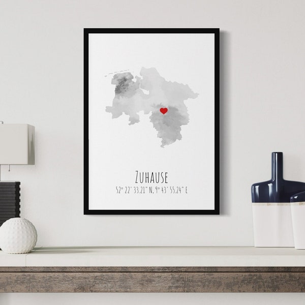 Niedersachsen - Herz Rot - personalisiertes Poster / Weltkarte Koordinaten Zuhause Geschenk Umzug Einweihungsgeschenk Wohnung Deutschland