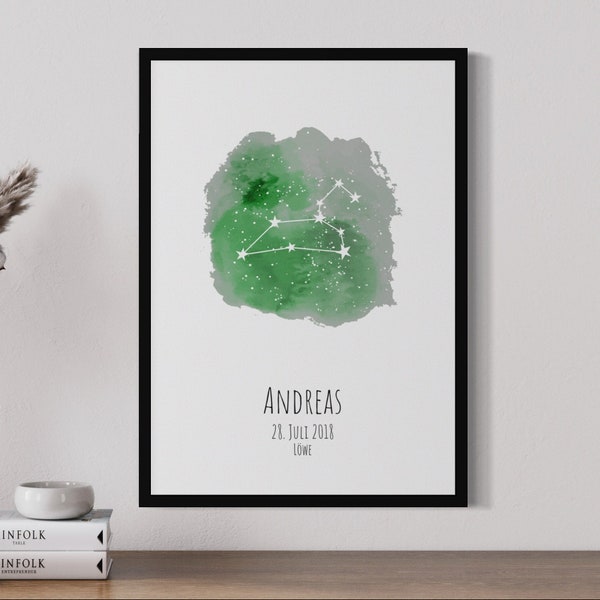 Löwe - Sternbild, Poster, Wanddeko, Geburt, Kinderzimmer, Minimalistisch, Digitaldruck, Aquarell, Personalisiert, Sternzeichen, Geschenk