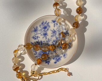 Handmade Fire Quartz Gemstone Beaded Necklace, Gold-Plated Accents & S-Hook Clasp