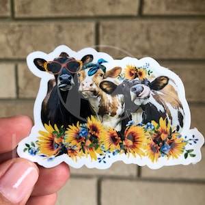 Cows and Sunflowers Vinyl Sticker | Great for water bottles, laptops, notebooks, etc | Cow Stickers | Sunflower Stickers | Cute Stickers