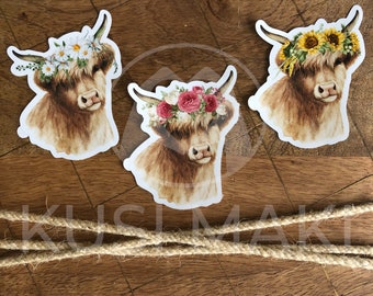 Highland Cow with Flowers Vinyl Sticker | 3 Options, Cow Sticker, Highland cow