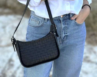 Handmade Woven Leather Shoulder Bag, Mini Handbag, Genuine, Black Baguette Bag