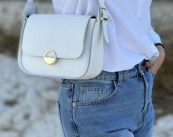 Handmade Leather Shoulder Bag, White Mini Baguette, Golden Hardware, Daily Use
