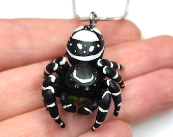 Bold Jumping Spider Necklace - Phidippus audax - Hand Painted Resin Spider - Stainless Steel Chain / Cord